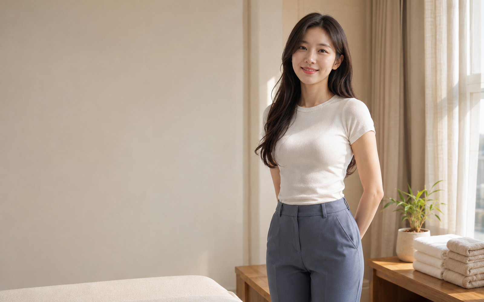 안양 평촌 방문 홈케어를 안내하는 젊은 성인 한국 여성 관리사